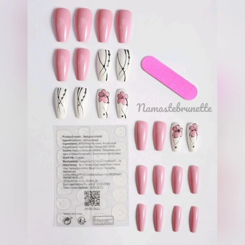 2/$16 Pink Floral Coffin Press On Nails